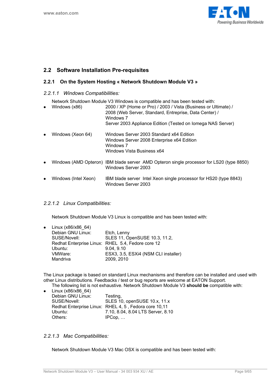 2 software installation pre-requisites, 1 windows compatibilities, 2 linux compatibilities | 3 mac compatibilities, Software installation pre-requisites, On the system hosting « network shutdown module v3, Windows compatibilities, Linux compatibilities, Mac compatibilities | Eaton Electrical V3 User Manual | Page 10 / 65