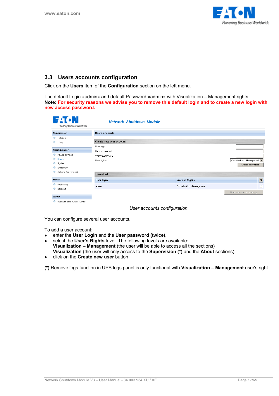 3 users accounts configuration, Users accounts configuration | Eaton Electrical V3 User Manual | Page 18 / 65