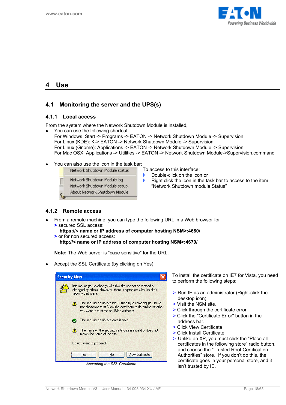 4 use, 1 monitoring the server and the ups(s), 1 local access | 2 remote access, Monitoring the server and the ups(s), Local access, Remote access | Eaton Electrical V3 User Manual | Page 19 / 65