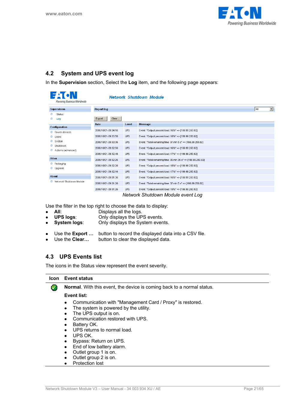 2 system and ups event log, 3 ups events list, System and ups event log | Ups events list | Eaton Electrical V3 User Manual | Page 22 / 65