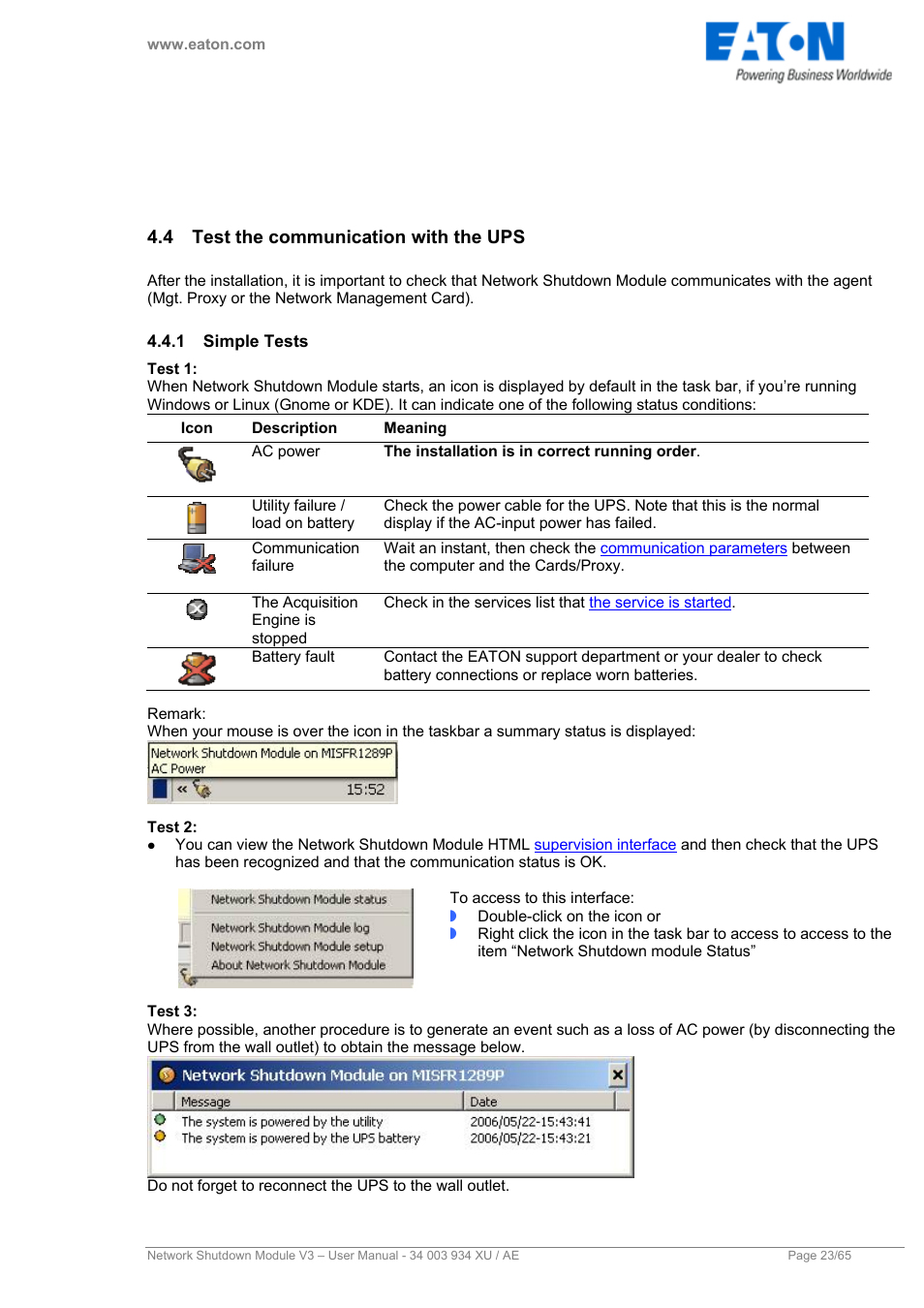 4 test the communication with the ups, 1 simple tests, Test the communication with the ups | Simple tests, Test network shutdown module | Eaton Electrical V3 User Manual | Page 24 / 65