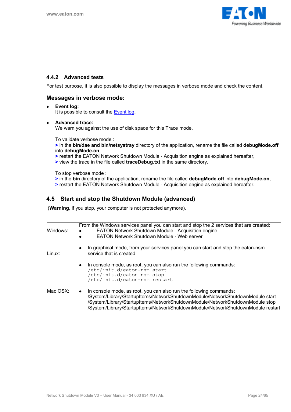 2 advanced tests, Start and stop the shutdown module (advanced), Advanced tests | Messages in verbose mode, 5 start and stop the shutdown module (advanced) | Eaton Electrical V3 User Manual | Page 25 / 65