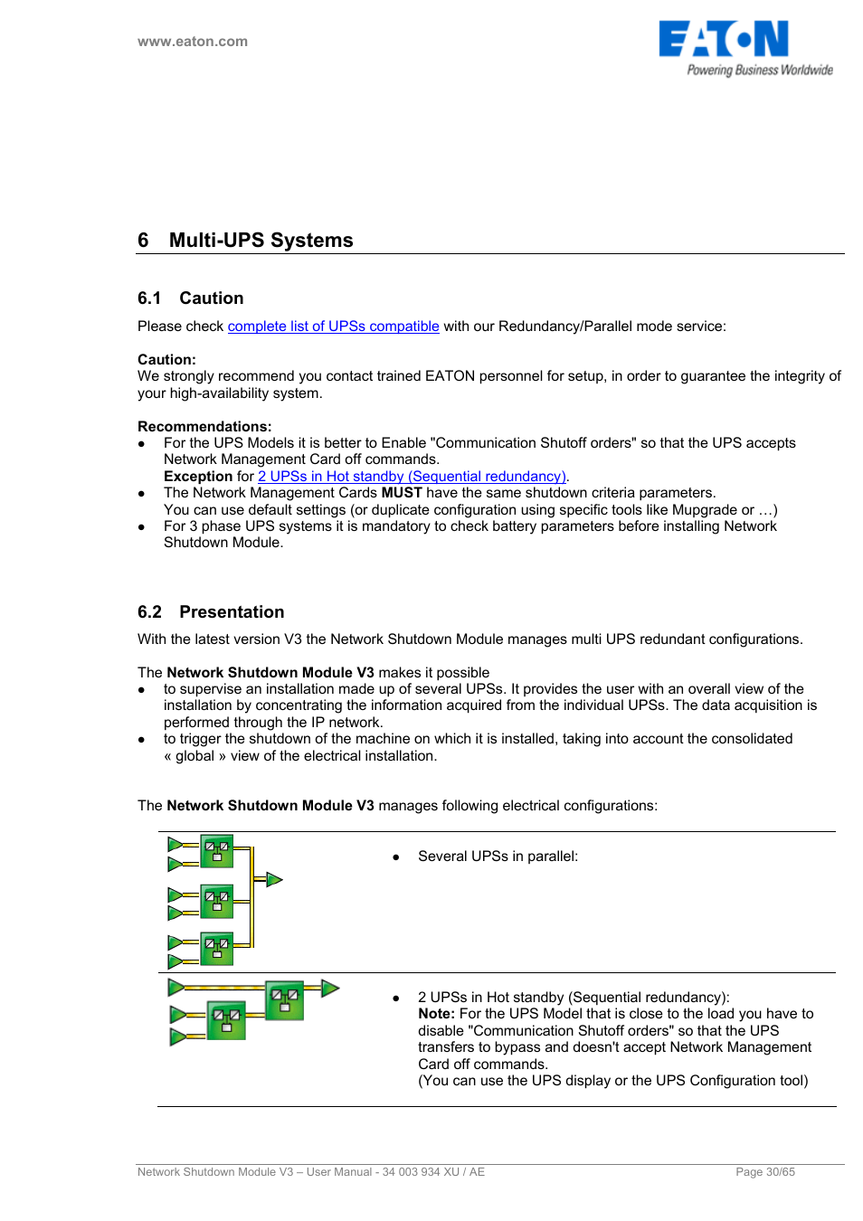 6 multi-ups systems, 1 caution, 2 presentation | Multi-ups systems, Caution, Presentation, Chapter 6, The chapter "multi ups systems | Eaton Electrical V3 User Manual | Page 31 / 65