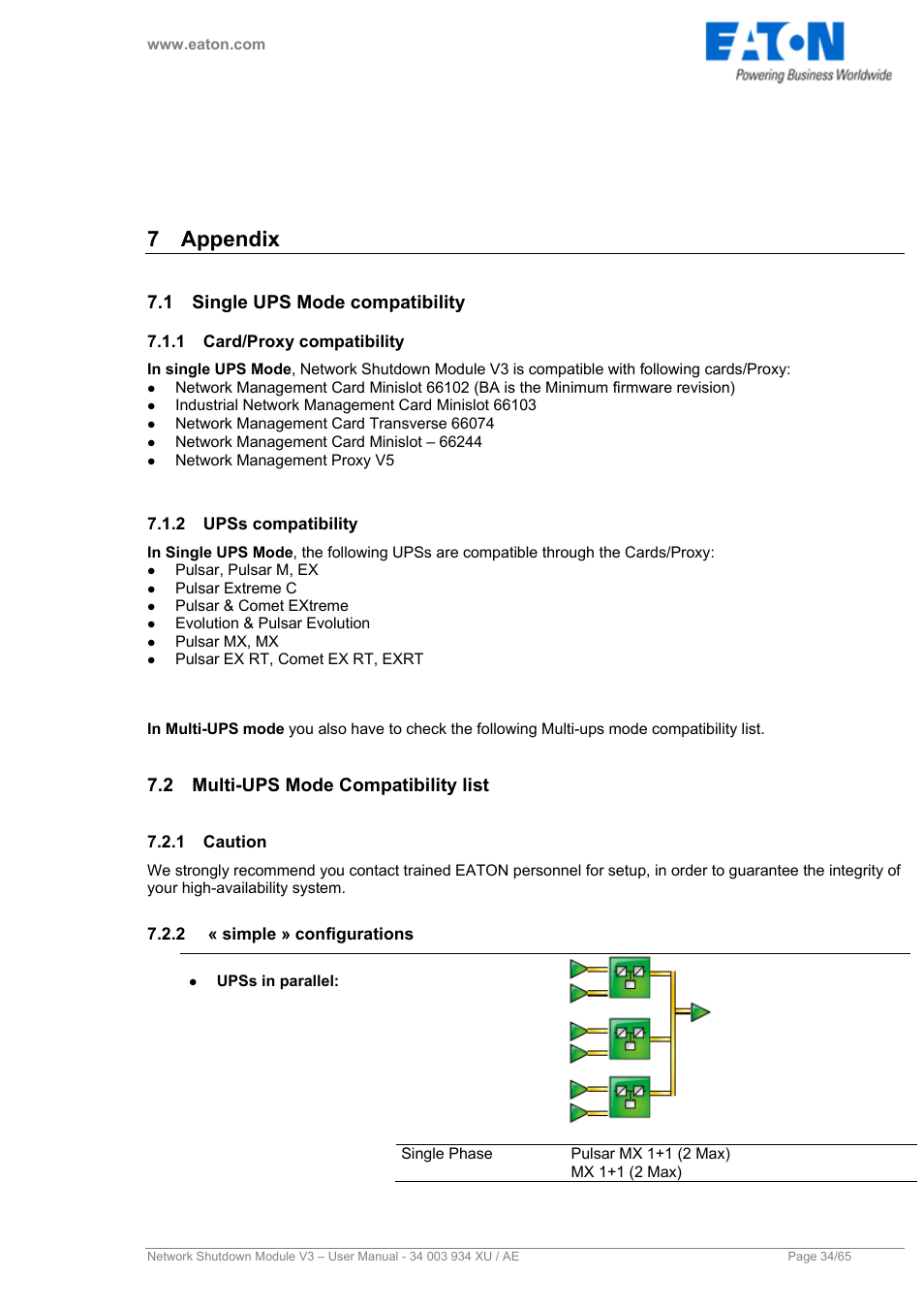 7 appendix, 1 single ups mode compatibility, 1 card/proxy compatibility | 2 upss compatibility, 2 multi-ups mode compatibility list, 1 caution, 2 « simple » configurations, Appendix, Single ups mode compatibility, Card/proxy compatibility | Eaton Electrical V3 User Manual | Page 35 / 65