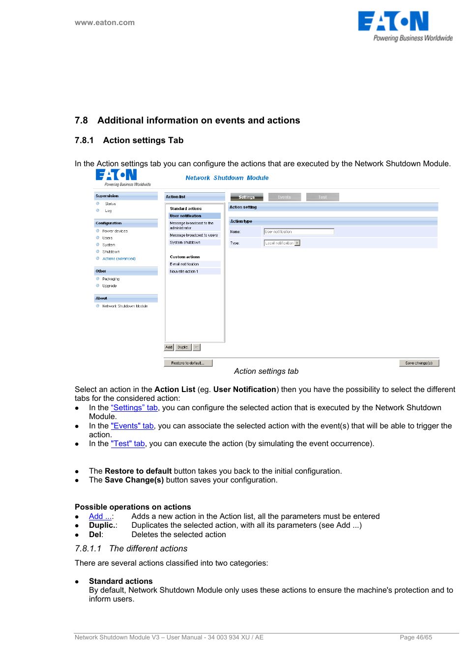 8 additional information on events and actions, 1 action settings tab, 1 the different actions | Additional information on events and actions, Action settings tab, The different actions | Eaton Electrical V3 User Manual | Page 47 / 65