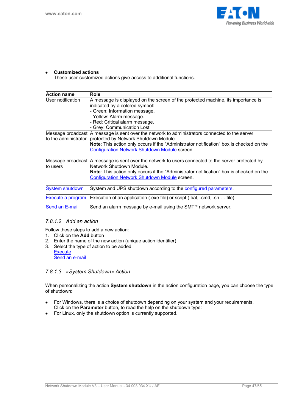 2 add an action, 3 «system shutdown» action, Add an action | System shutdown» action | Eaton Electrical V3 User Manual | Page 48 / 65