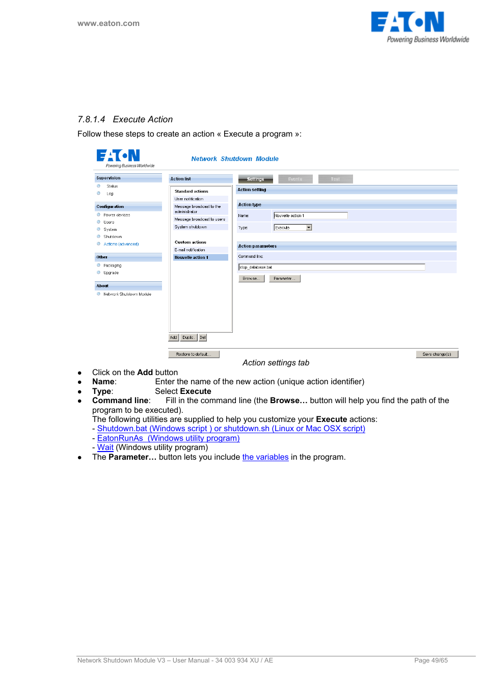 4 execute action, Execute action | Eaton Electrical V3 User Manual | Page 50 / 65