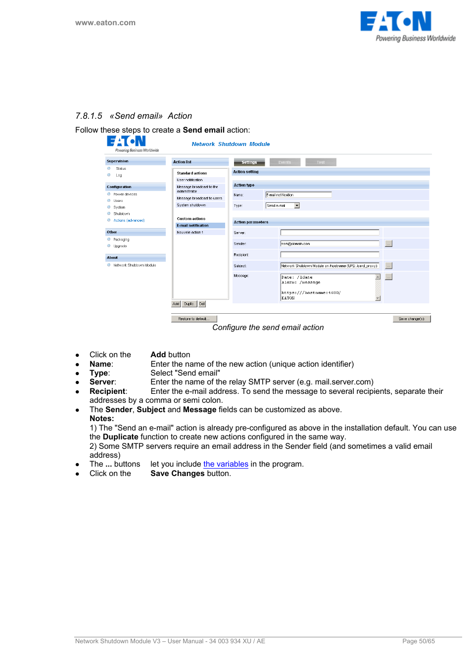 5 «send email» action, Send email» action, Send an e-mail | The variables | Eaton Electrical V3 User Manual | Page 51 / 65