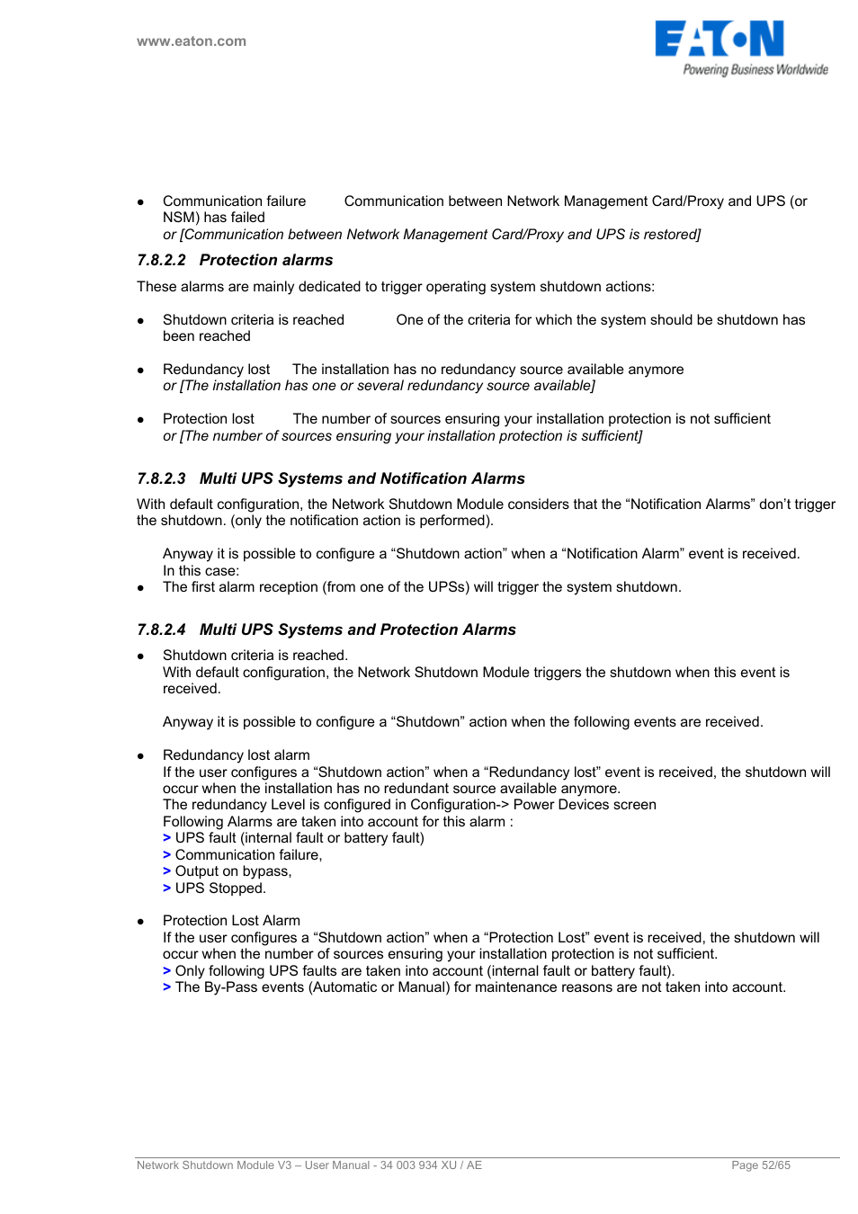 2 protection alarms, 3 multi ups systems and notification alarms, 4 multi ups systems and protection alarms | Protection alarms, Multi ups systems and notification alarms, Multi ups systems and protection alarms | Eaton Electrical V3 User Manual | Page 53 / 65