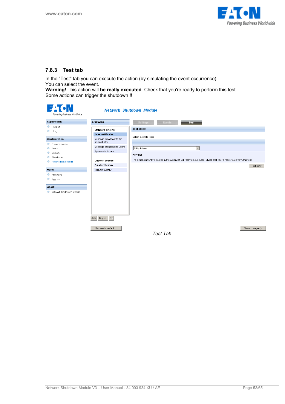 3 test tab, Test tab, Test" tab | You can execute the a | Eaton Electrical V3 User Manual | Page 54 / 65