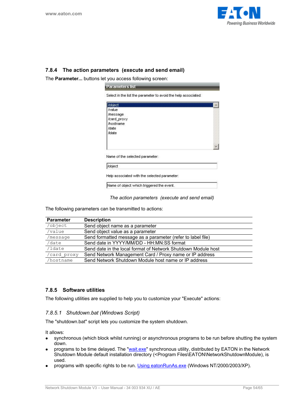 4 the action parameters (execute and send email), 5 software utilities, 1 shutdown.bat (windows script) | The action parameters (execute and send email), Software utilities, Shutdown.bat (windows script) | Eaton Electrical V3 User Manual | Page 55 / 65