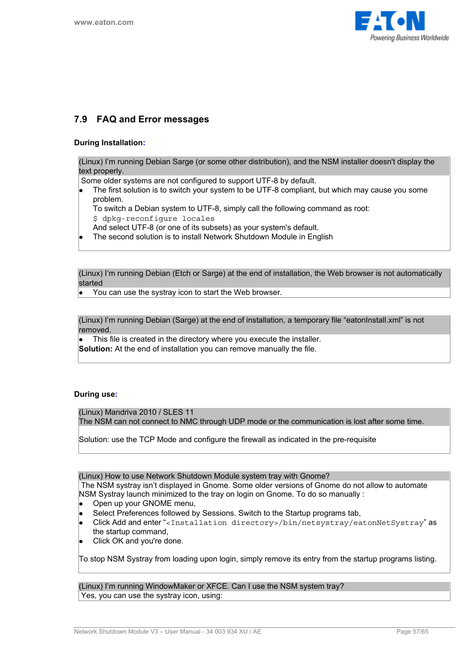9 faq and error messages, Faq and error messages | Eaton Electrical V3 User Manual | Page 58 / 65