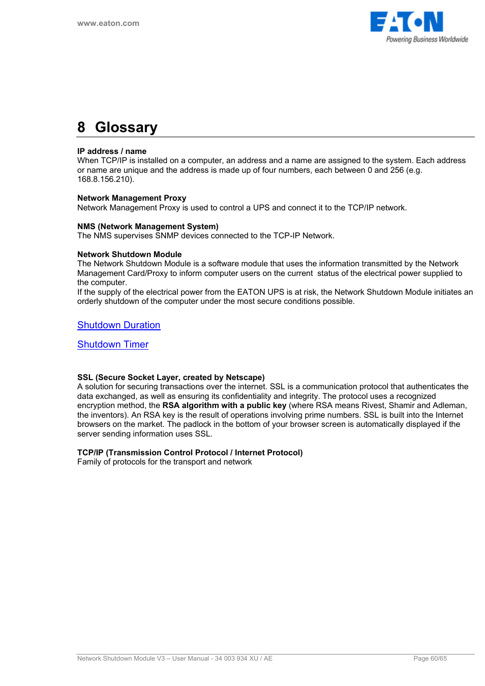 8 glossary, Glossary | Eaton Electrical V3 User Manual | Page 61 / 65