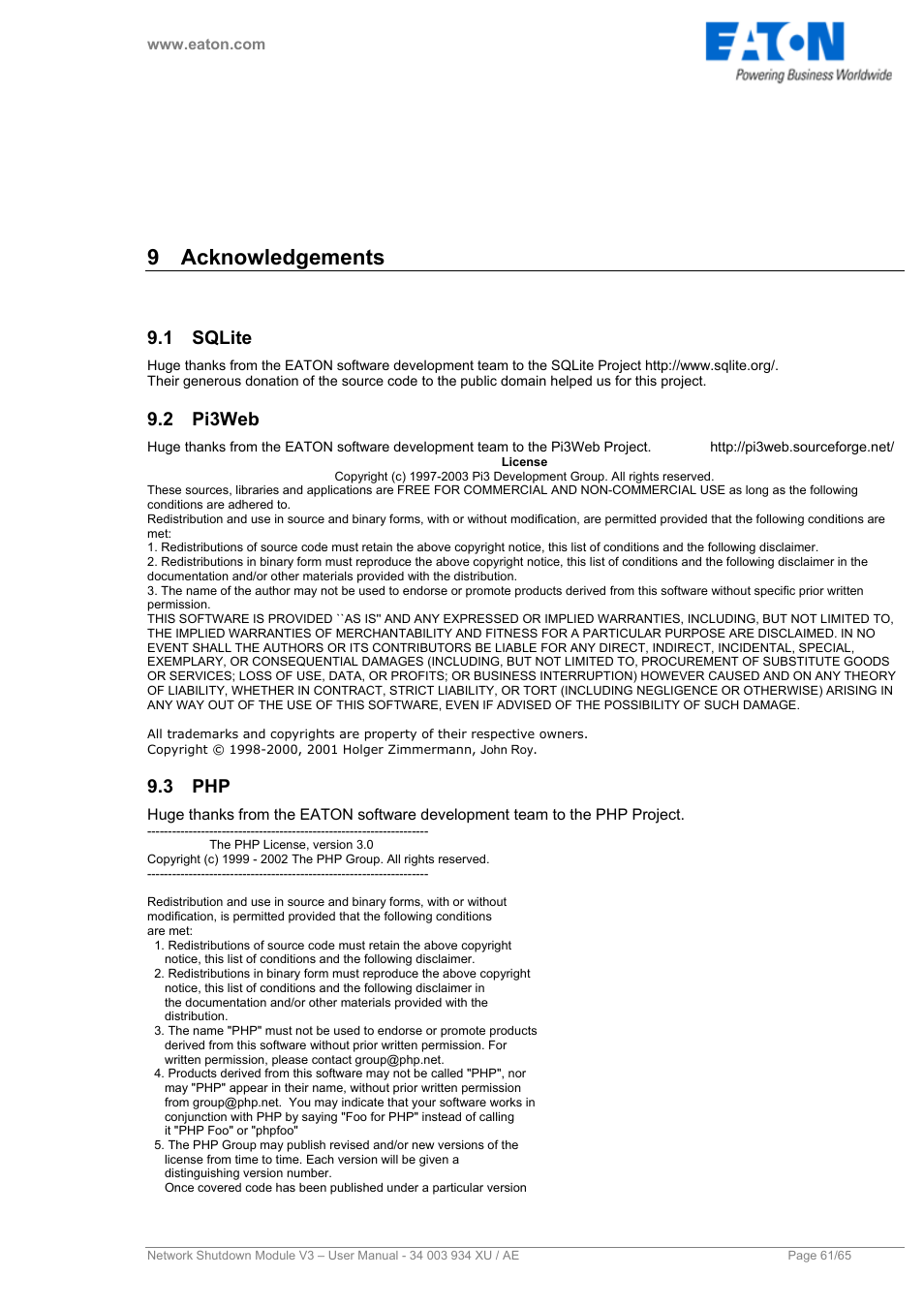 9 acknowledgements, 1 sqlite, 2 pi3web | 3 php, Acknowledgements, Sqlite, Pi3web, Eatonrunas (windows utility program) | Eaton Electrical V3 User Manual | Page 62 / 65
