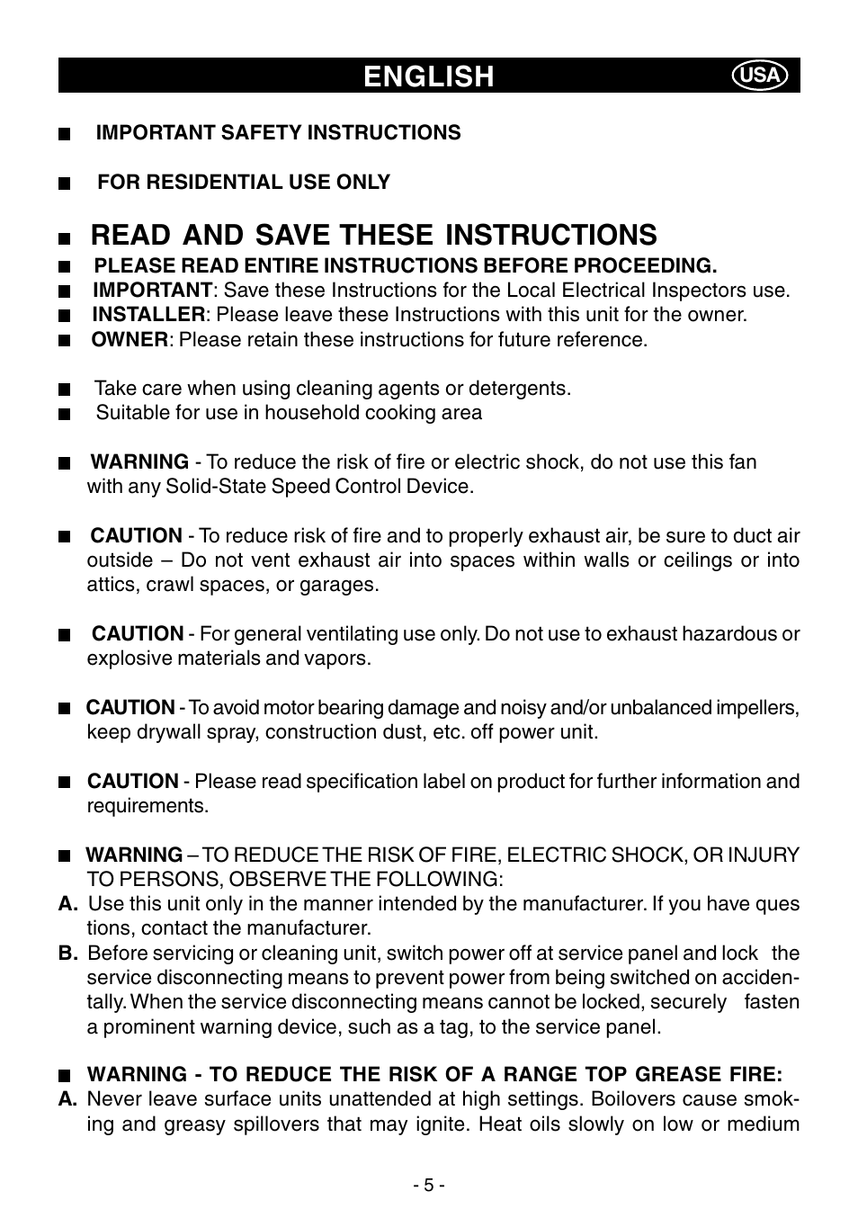 Read and save these instructions, English | Elitair MC-I-6090 User Manual | Page 5 / 12
