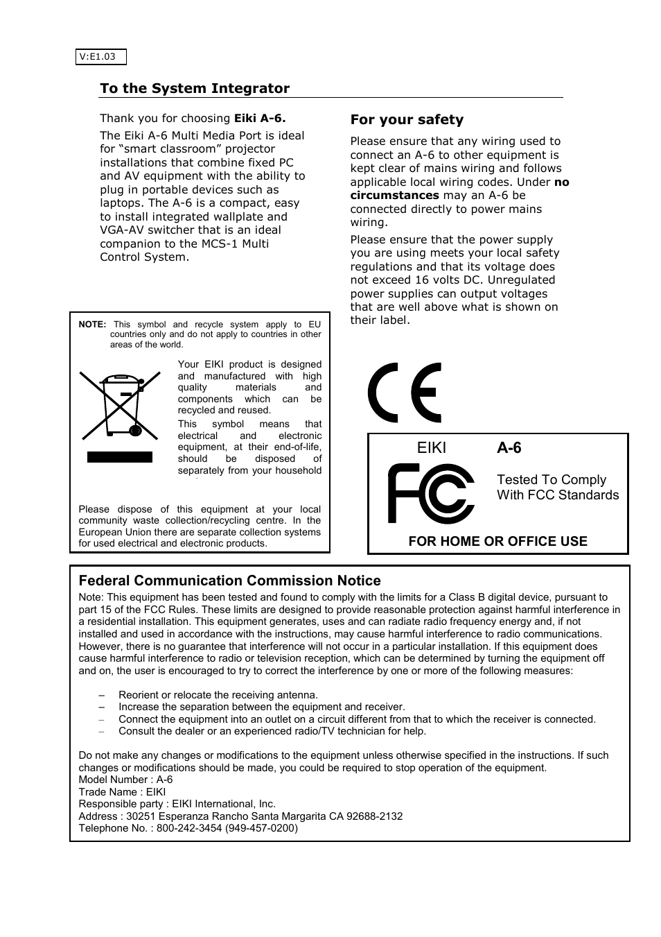 Eiki a-6, Federal communication commission notice | Eiki Multimedia Port A-6 User Manual | Page 2 / 8