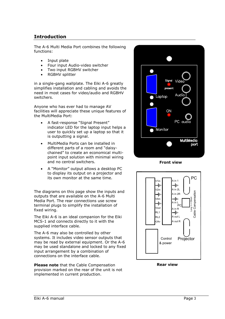 Introduction, Projector | Eiki Multimedia Port A-6 User Manual | Page 3 / 8