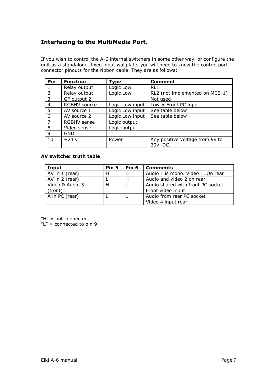 Av switcher truth table, Interfacing to the multimedia port | Eiki Multimedia Port A-6 User Manual | Page 7 / 8