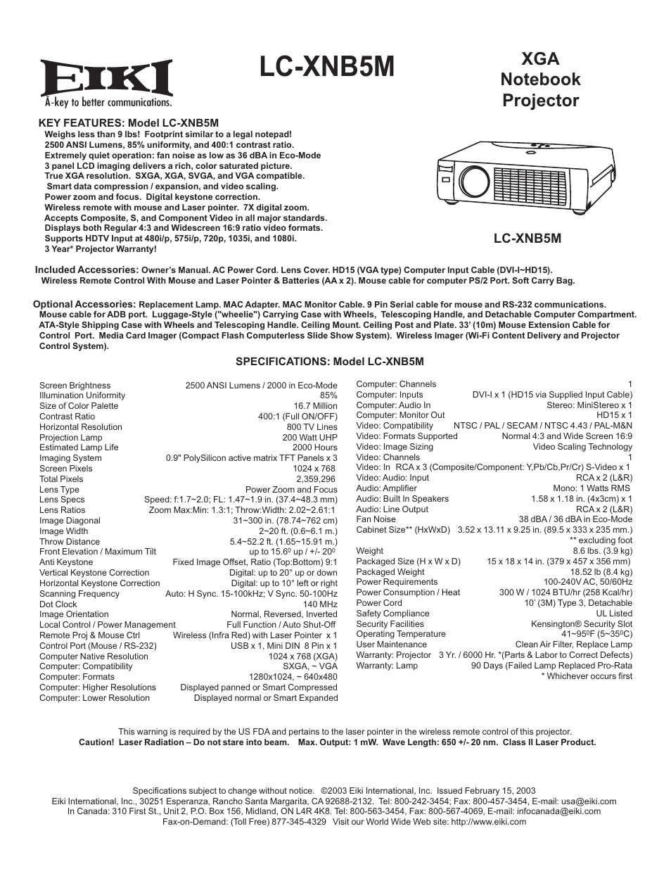 Eiki LC-XNB5M User Manual | 1 page