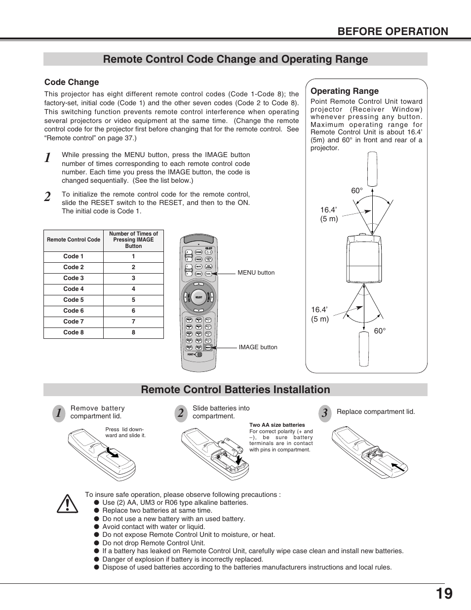 Remote control code change and operating range, Remote control batteries installation, Before operation | Eiki LC-HDT10 User Manual | Page 19 / 52