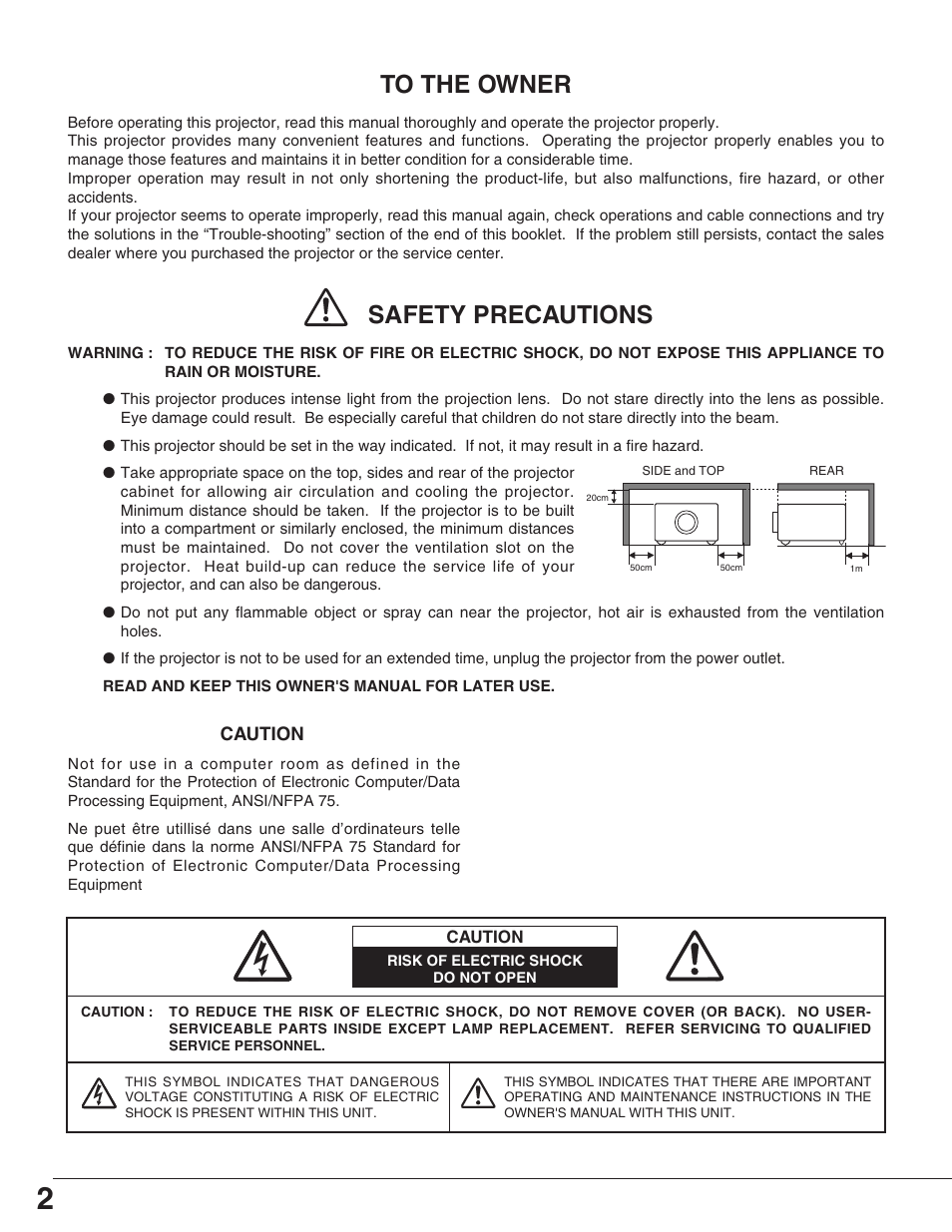 To the owner | Eiki LC-HDT10 User Manual | Page 2 / 52