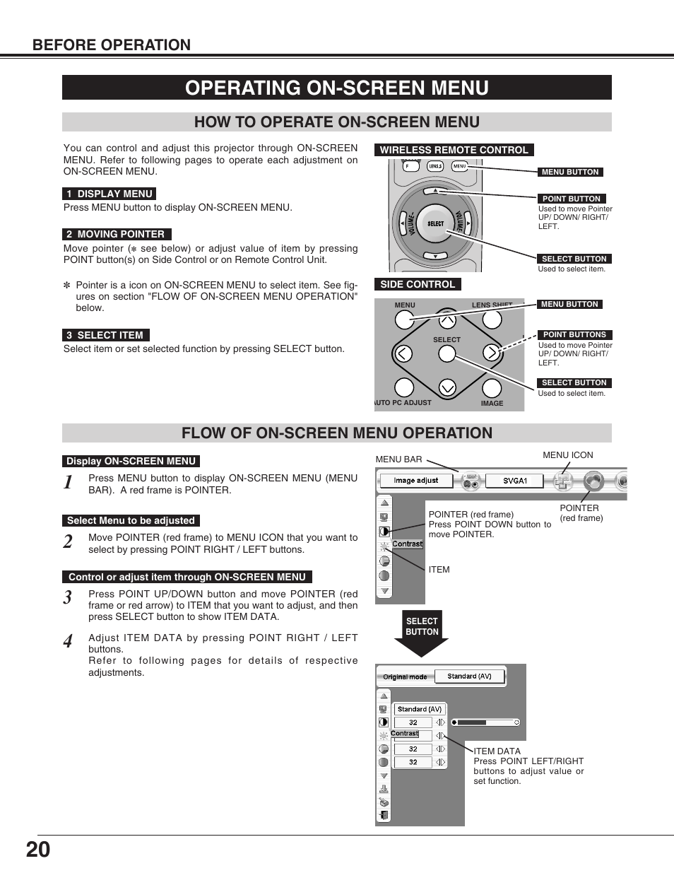 Operating on-screen menu, How to operate on-screen menu, Flow of on-screen menu operation | Eiki LC-HDT10 User Manual | Page 20 / 52