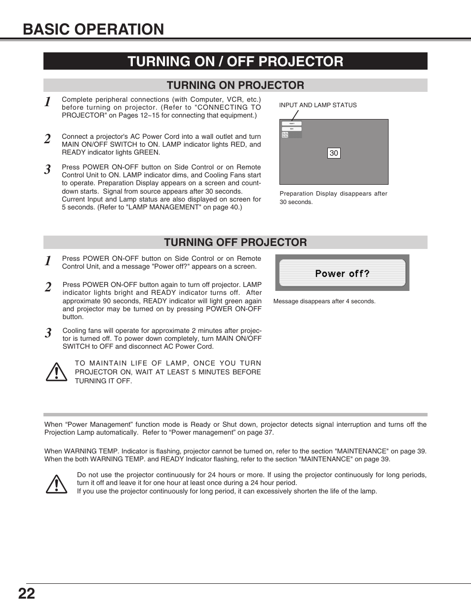 Basic operation, Turning on/off projector, 22 basic operation | Turning on / off projector | Eiki LC-HDT10 User Manual | Page 22 / 52