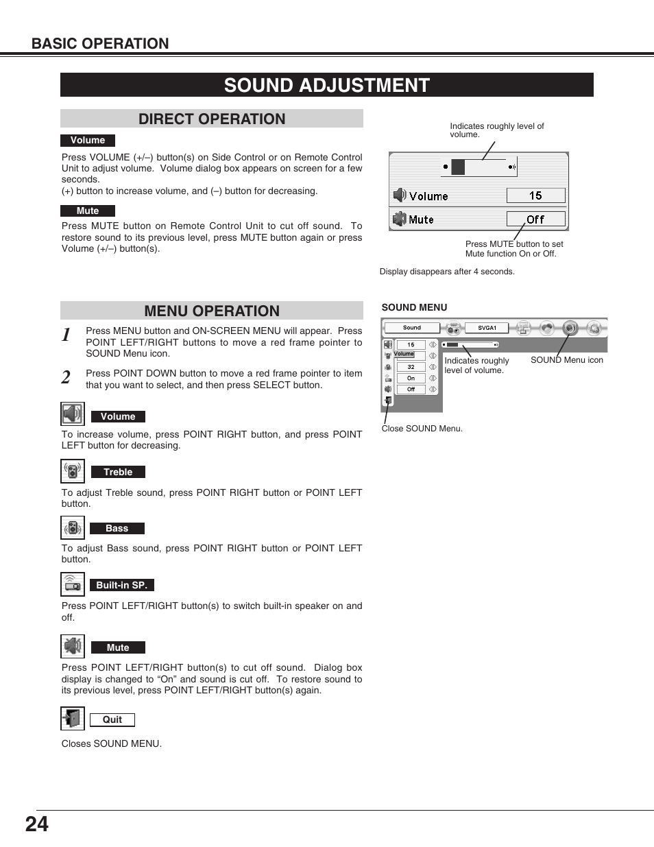 Sound adjustment, Basic operation, Direct operation menu operation | Eiki LC-HDT10 User Manual | Page 24 / 52