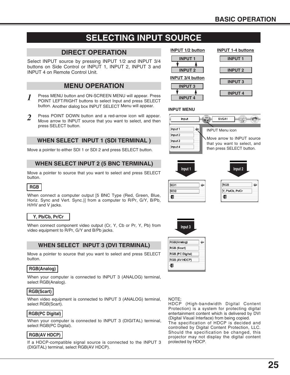 Selecting input source, Basic operation, Menu operation direct operation | Eiki LC-HDT10 User Manual | Page 25 / 52