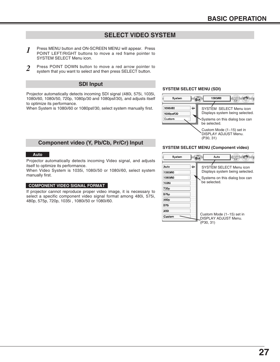 Select video system, Basic operation | Eiki LC-HDT10 User Manual | Page 27 / 52