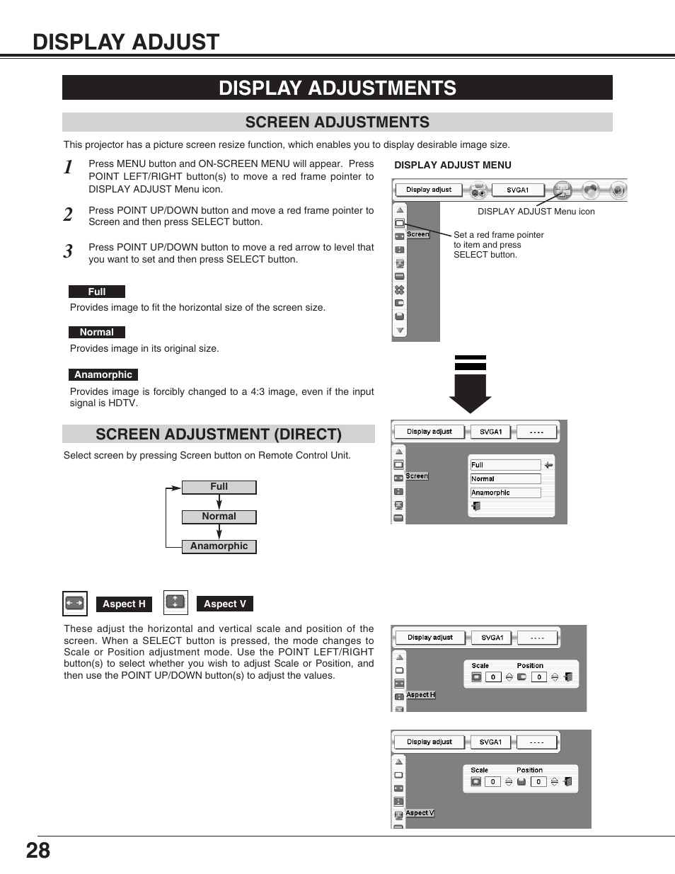 Display adjust, Display adjustments, Screen adjustments | 28 display adjust | Eiki LC-HDT10 User Manual | Page 28 / 52