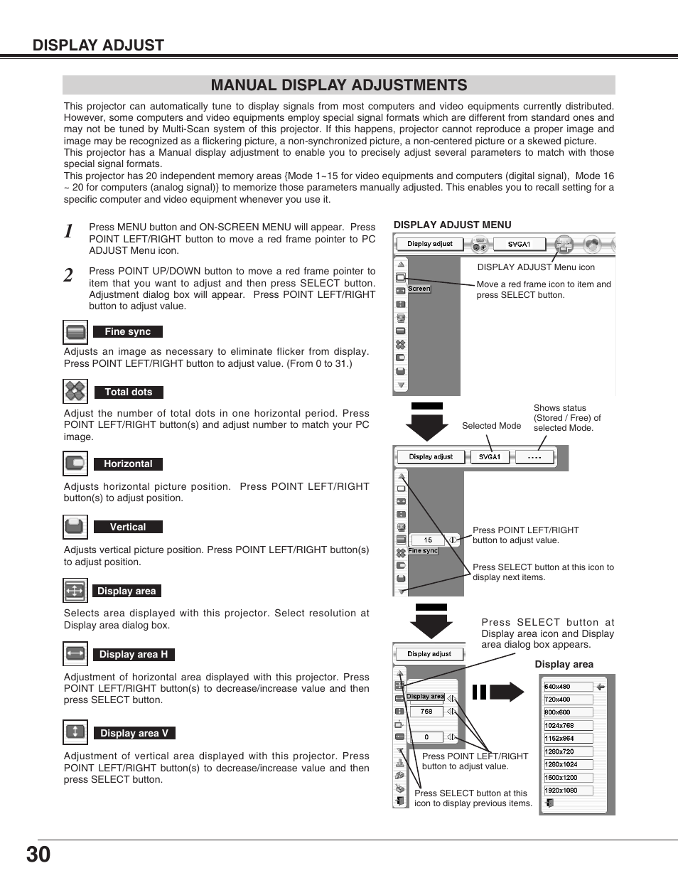 Manual display adjustment, Display adjust manual display adjustments | Eiki LC-HDT10 User Manual | Page 30 / 52