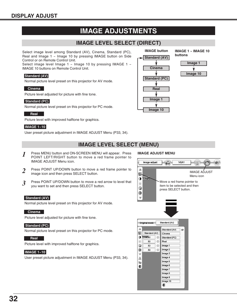 Image adjustments, Image level select, Image level select (direct) | Image level select (menu), Display adjust | Eiki LC-HDT10 User Manual | Page 32 / 52