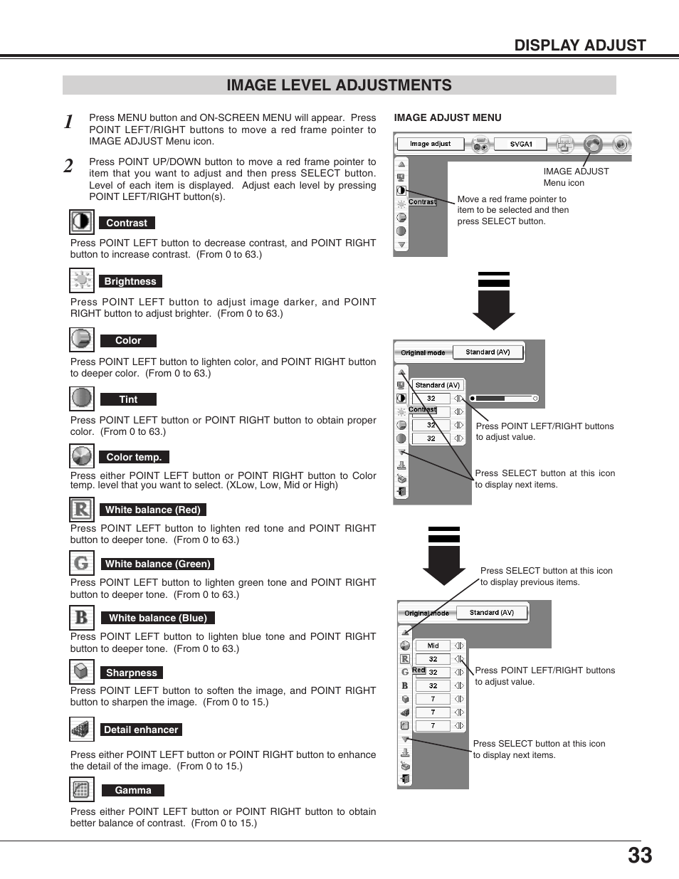 Image level adjustments, Display adjust | Eiki LC-HDT10 User Manual | Page 33 / 52