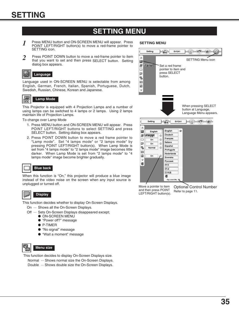 Setting, 35 setting, Setting menu | Eiki LC-HDT10 User Manual | Page 35 / 52