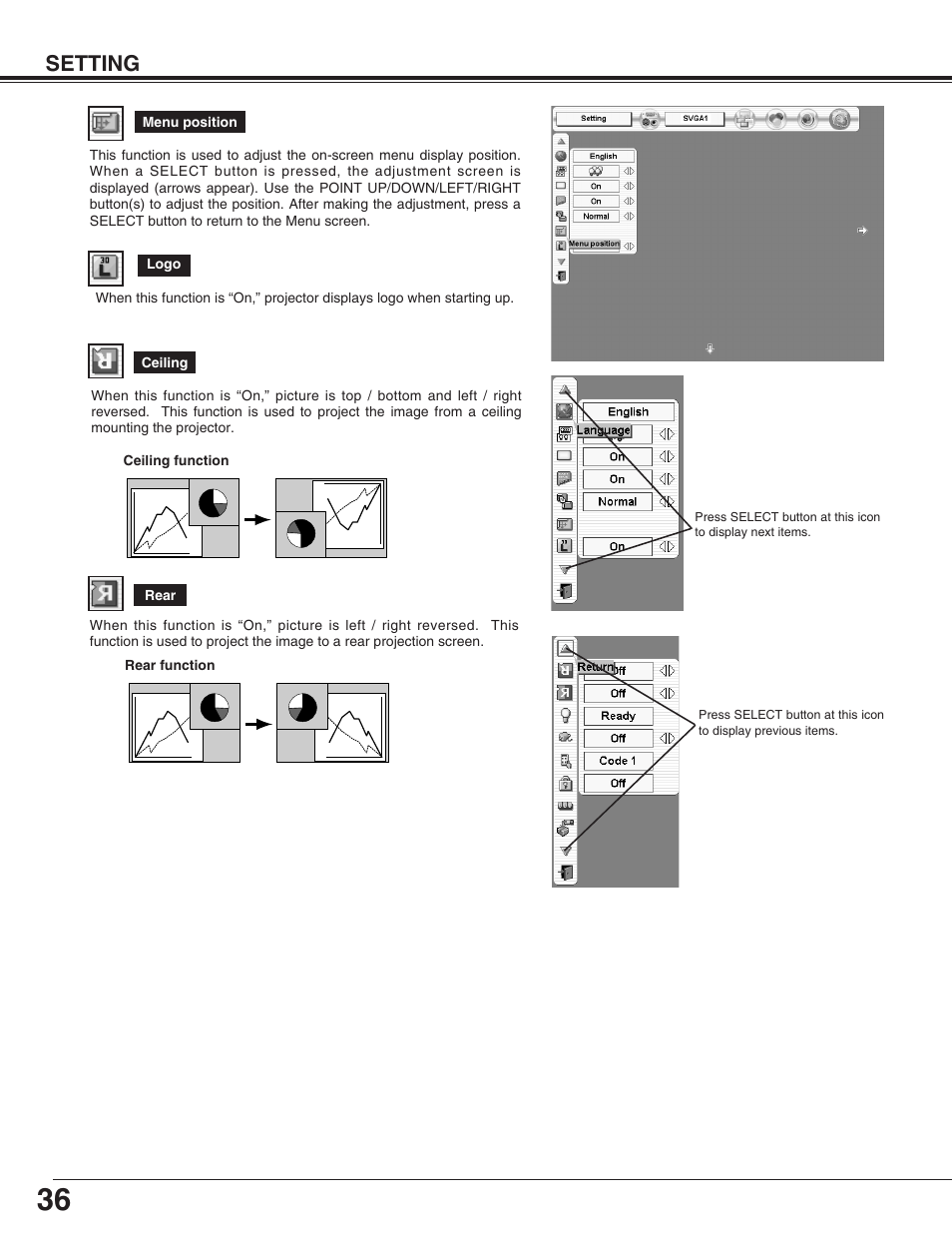 Setting | Eiki LC-HDT10 User Manual | Page 36 / 52