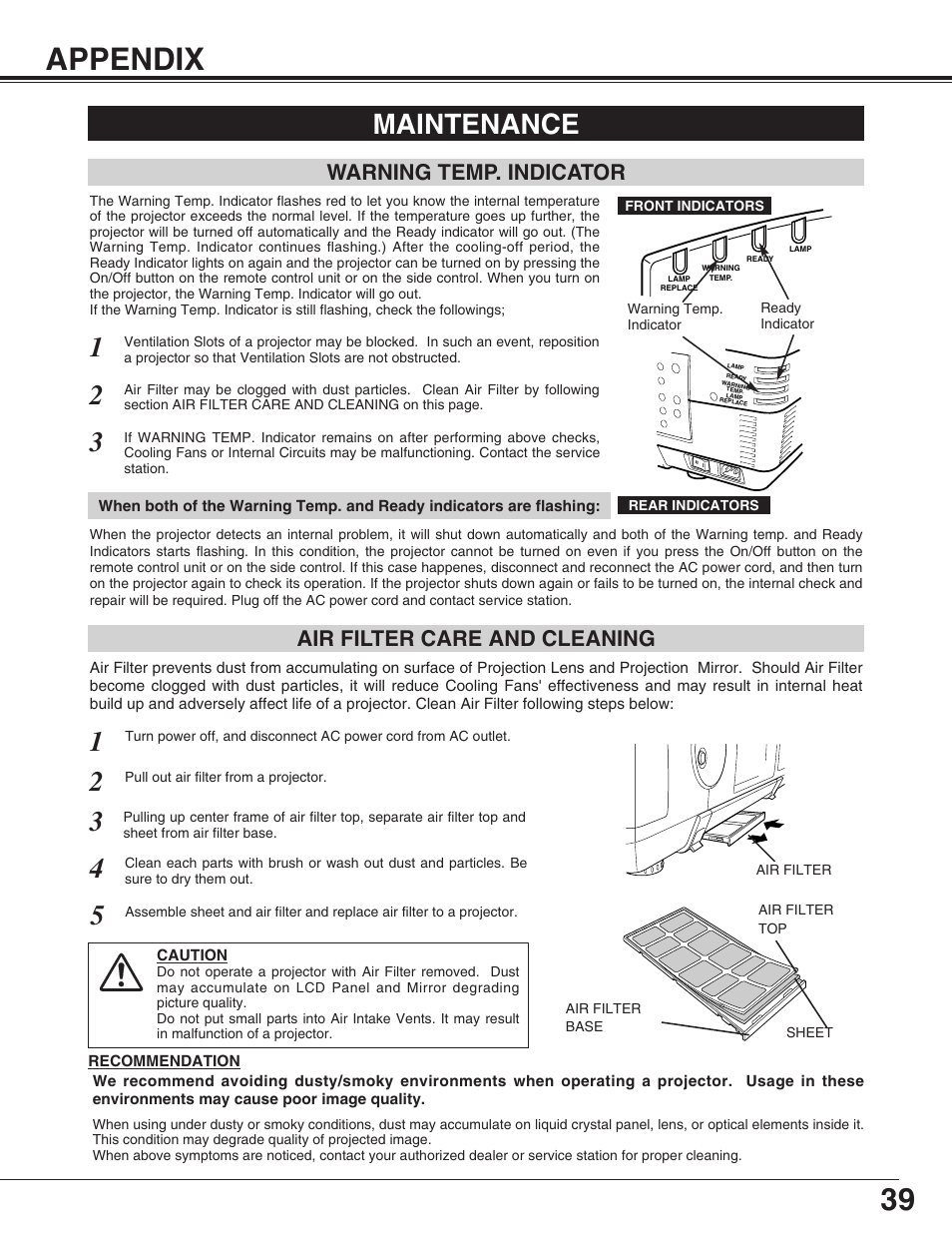 Appendix, Maintenance, Warning temp. indicator | Air filter care and cleaning | Eiki LC-HDT10 User Manual | Page 39 / 52