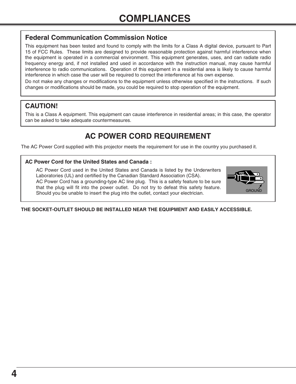 4compliances, Ac power cord requirement | Eiki LC-HDT10 User Manual | Page 4 / 52