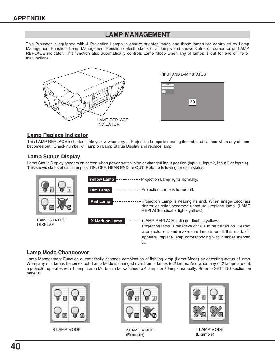 Lamp management, Appendix | Eiki LC-HDT10 User Manual | Page 40 / 52