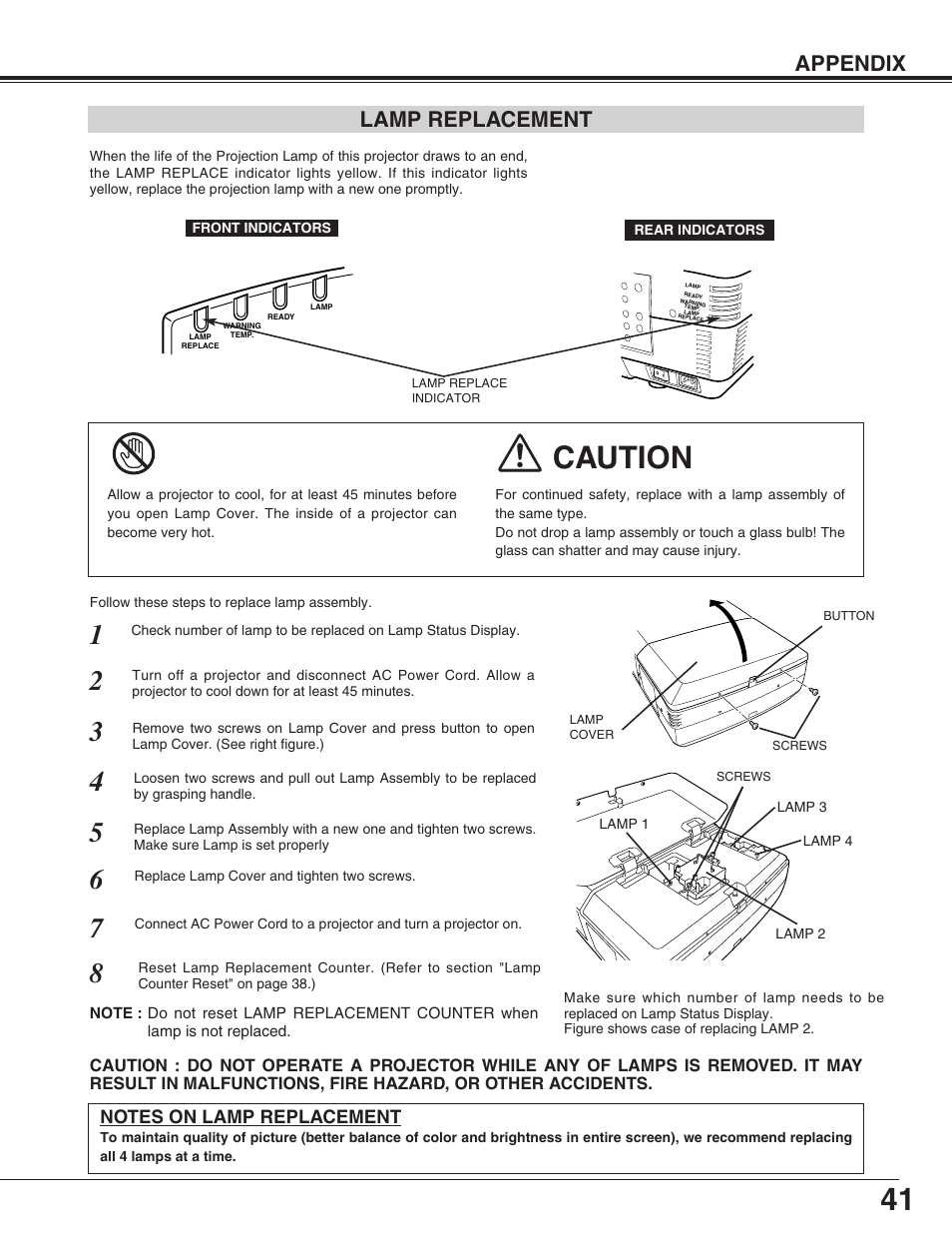 Lamp replacement, Caution, Appendix | Eiki LC-HDT10 User Manual | Page 41 / 52
