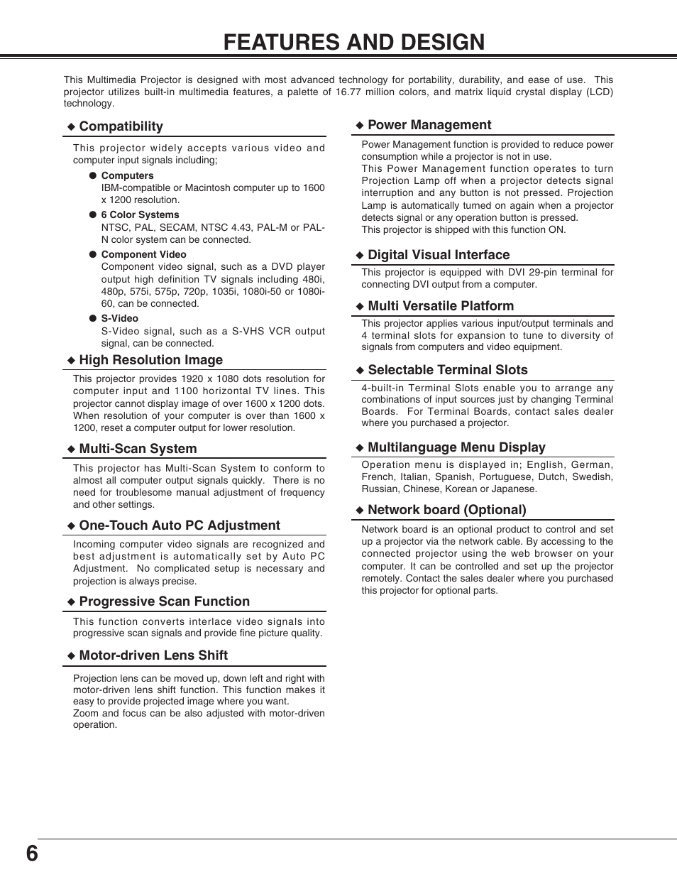 Features and design, 6features and design | Eiki LC-HDT10 User Manual | Page 6 / 52