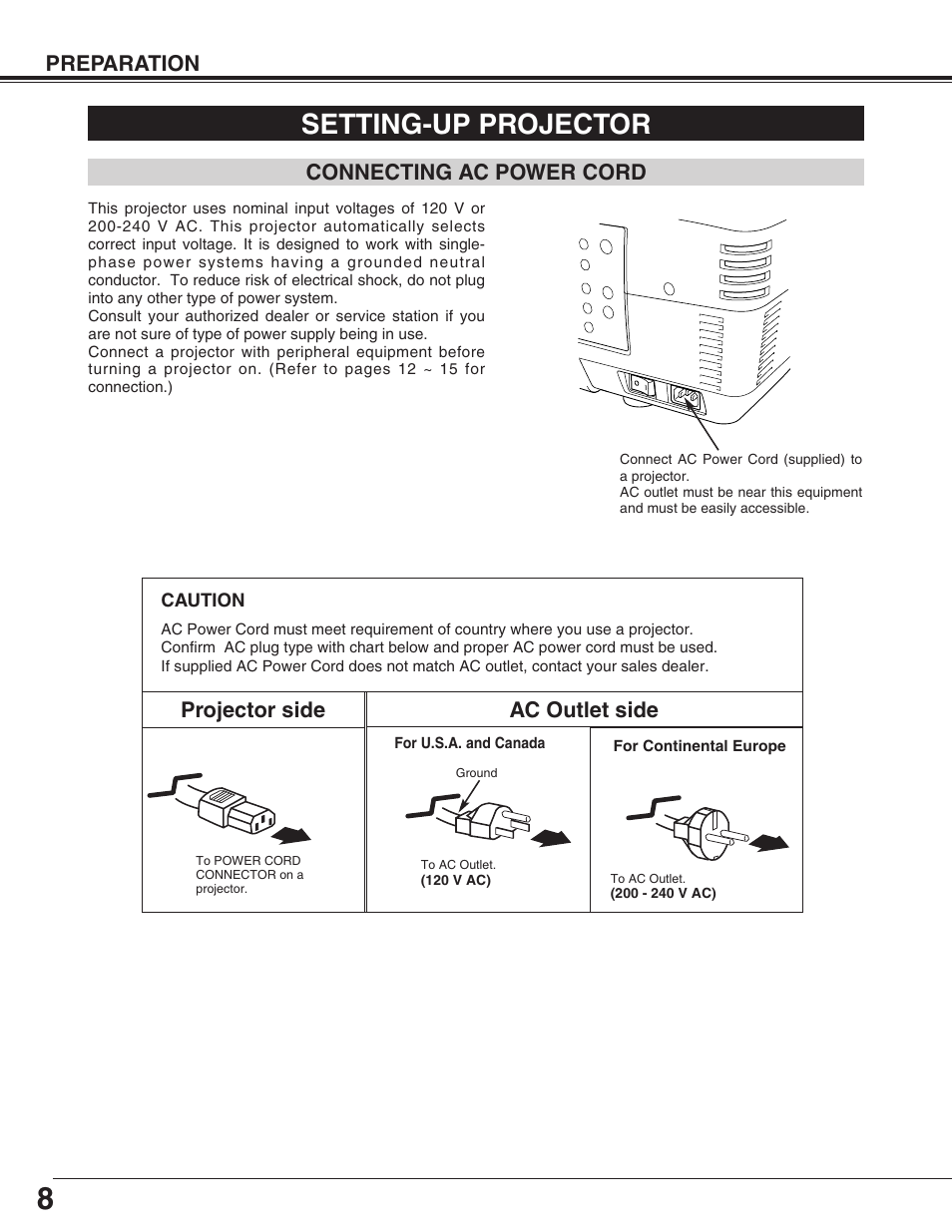 Setting-up projector, Connecting ac power cord, Preparation | Projector side ac outlet side | Eiki LC-HDT10 User Manual | Page 8 / 52