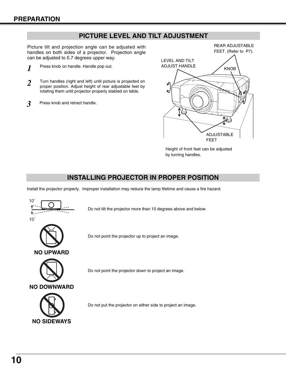 Picture level and tilt adjustment, Installing projector in proper position | Eiki LC-XT9 User Manual | Page 10 / 64