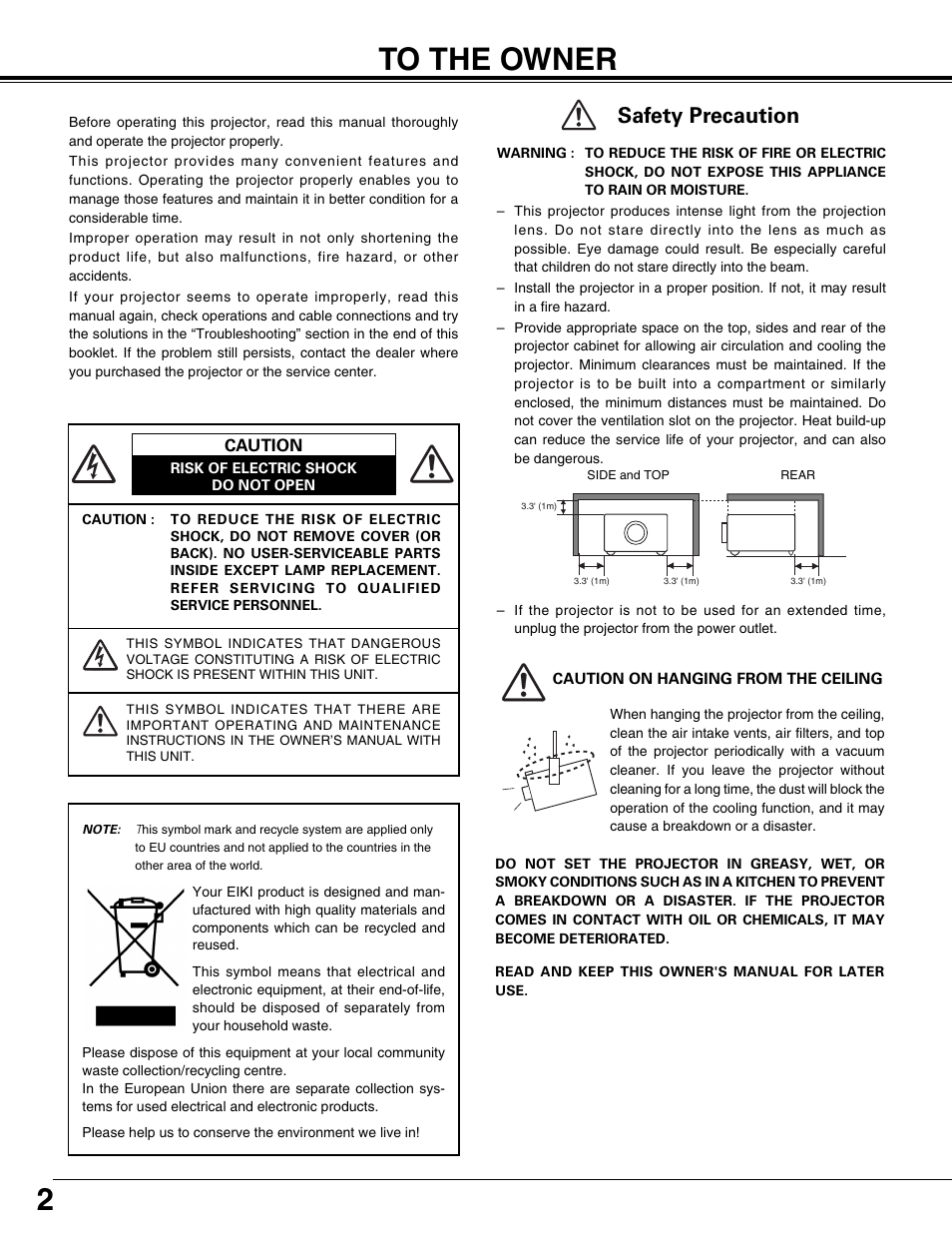 To the owner, Safety precaution | Eiki LC-XT9 User Manual | Page 2 / 64