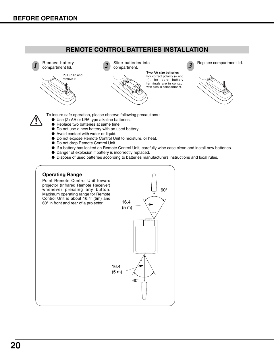 Remote control batteries installation, Before operation | Eiki LC-XT9 User Manual | Page 20 / 64