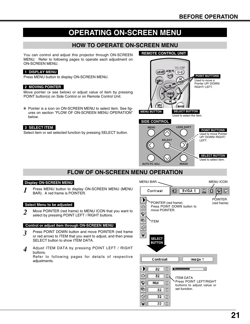 Operating on-screen menu, How to operate on-screen menu, Flow of on-screen menu operation | Eiki LC-XT9 User Manual | Page 21 / 64
