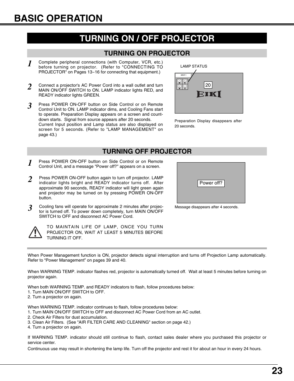 Basic operation, Turning on / off projector, Turning on projector | Turning off projector, 23 basic operation, Turning on projector turning off projector | Eiki LC-XT9 User Manual | Page 23 / 64