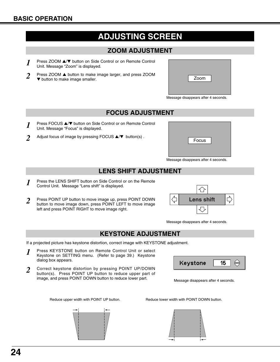 Adjusting screen, Zoom adjustment, Focus adjustment | Lens shift adjustment, Keystone adjustment | Eiki LC-XT9 User Manual | Page 24 / 64