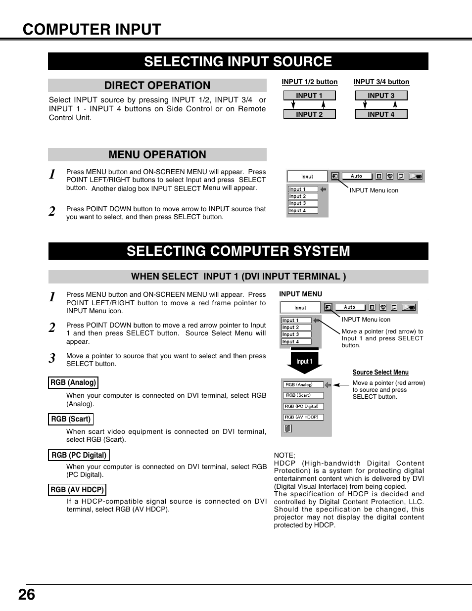 Computer input, Selecting input source, Selecting computer system | 26 computer input, 3selecting input source | Eiki LC-XT9 User Manual | Page 26 / 64