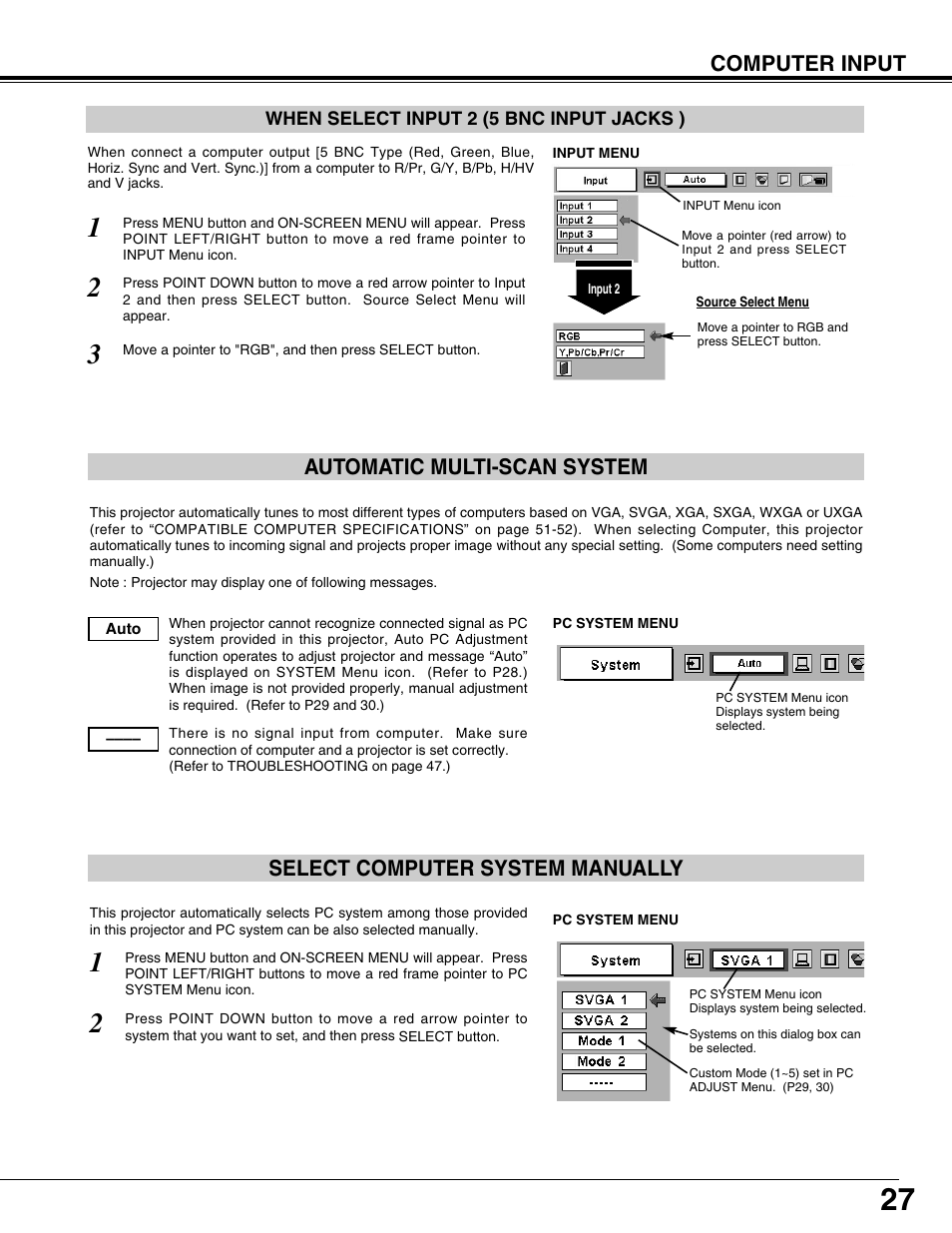 Computer input, Select computer system manually, Automatic multi-scan system | Eiki LC-XT9 User Manual | Page 27 / 64
